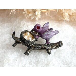Lavender Perched Bird Figural on Branch with Eggs Costume Jewelry Brooch